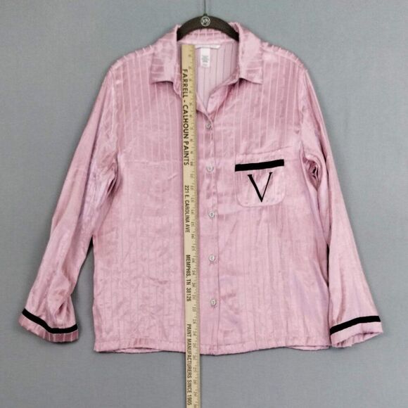 Victorias Secret Satin Pajama Top Logo Front Long Sleeve Button Down Pink Size S - Picture 9 of 9